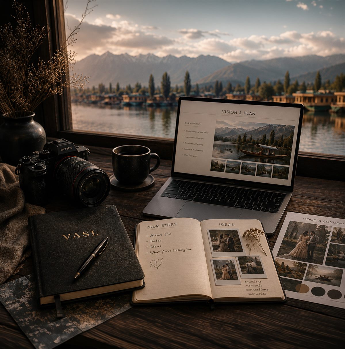 A laptop, notebook and printed photographs laid out by a window above the lake