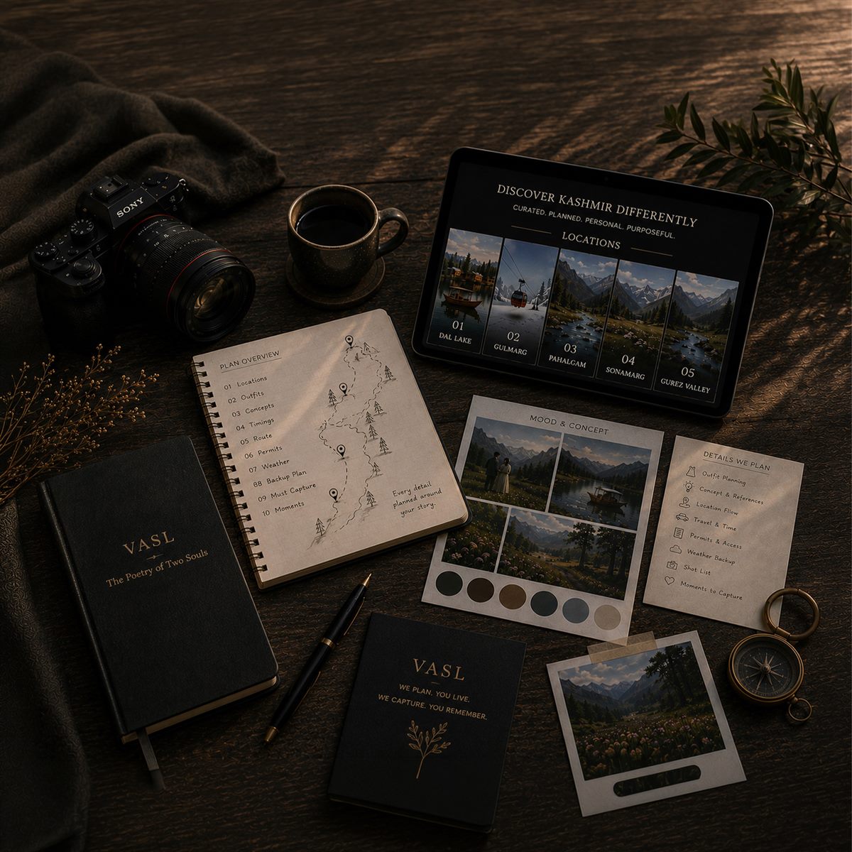 Location notes, maps, a compass and a tablet of Kashmir locations spread across a desk