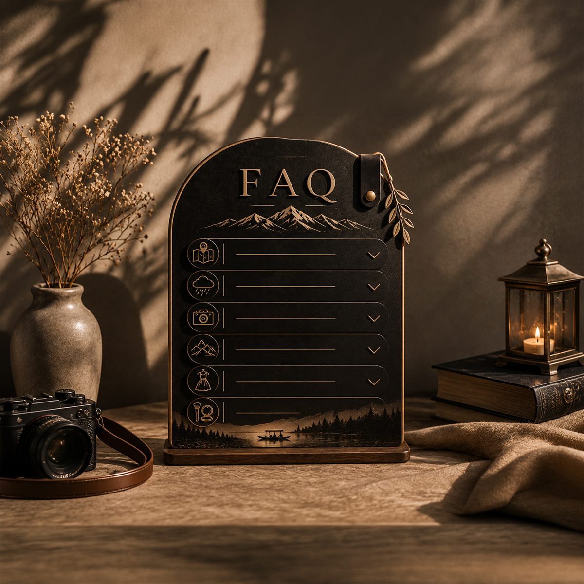 A carved board of frequently asked questions beside a lantern and a camera